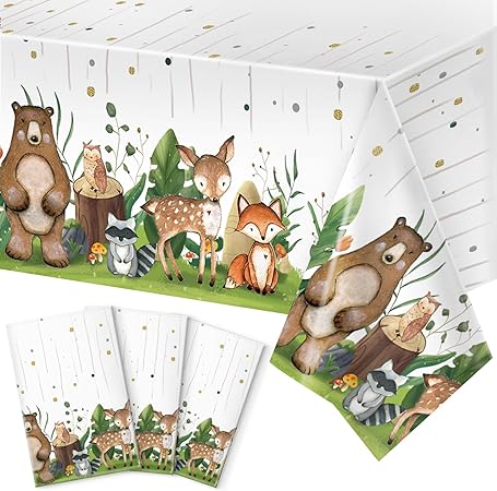 Photo 1 of 3 Pieces Woodland Plastic Tablecloth, Woodland Animals Baby Shower Decorations, Woodland Baby Shower Tablecloth for Kids Boy Girl Forest Animal Party Supplies Decorations 54" x 108"
