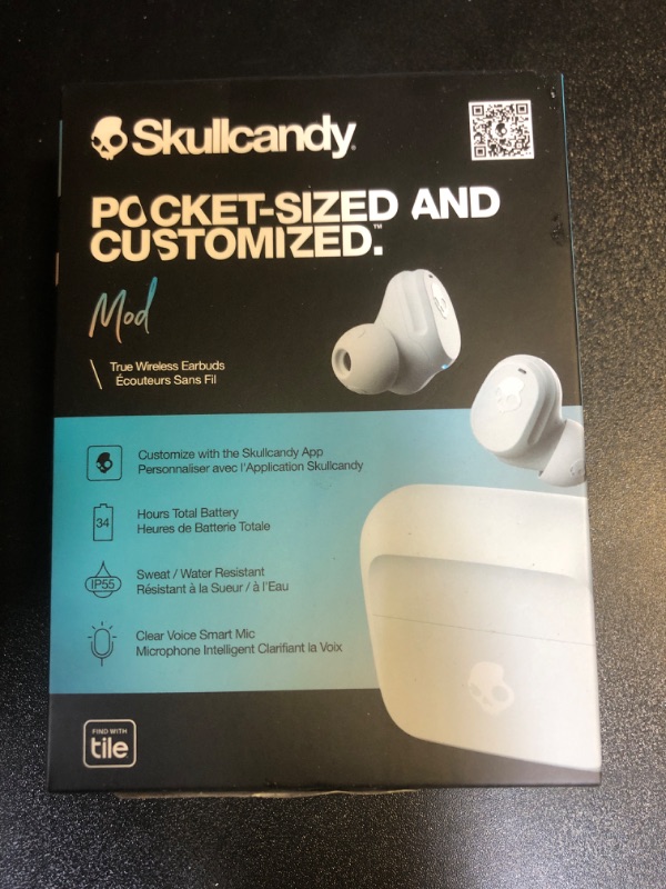 Photo 2 of Skullcandy Mod In-Ear Wireless Earbuds, 34 Hr Battery, Microphone, Works with iPhone Android and Bluetooth Devices - Grey/Blue Light Grey/Blue