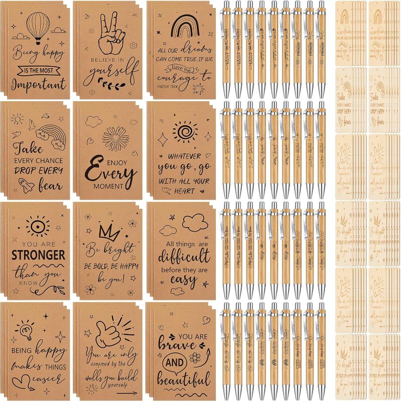 Photo 1 of Cholemy 108 Pieces Inspirational Gift Set Mini Motivational Notepads Small Kraft Journals Notebooks Bamboo Inspirational Pen with Bookmark Employee Appreciation Gift Office School Church Supplies
