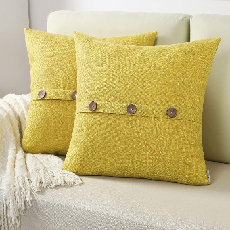 Photo 1 of FUTEI Mustard Yellow Linen Decorative Throw Pillow Covers 14x14 Inch Set of 2, Square Cushion Case with Vintage Button/Zipper,Modern Farmhouse Home Decor for Couch,Bed
