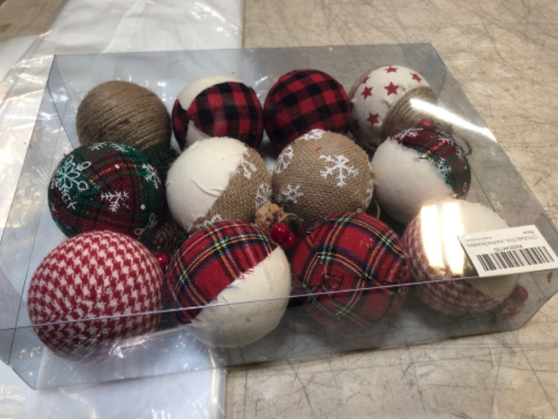 Photo 2 of 12 Pcs Burlap Christmas Ball Ornaments, 3.15 Inches Rustic Buffalo Plaid Christmas Tree Ornaments, Natural Jute Farmhouse Decorations for Xmas Tree, Holiday, Party
