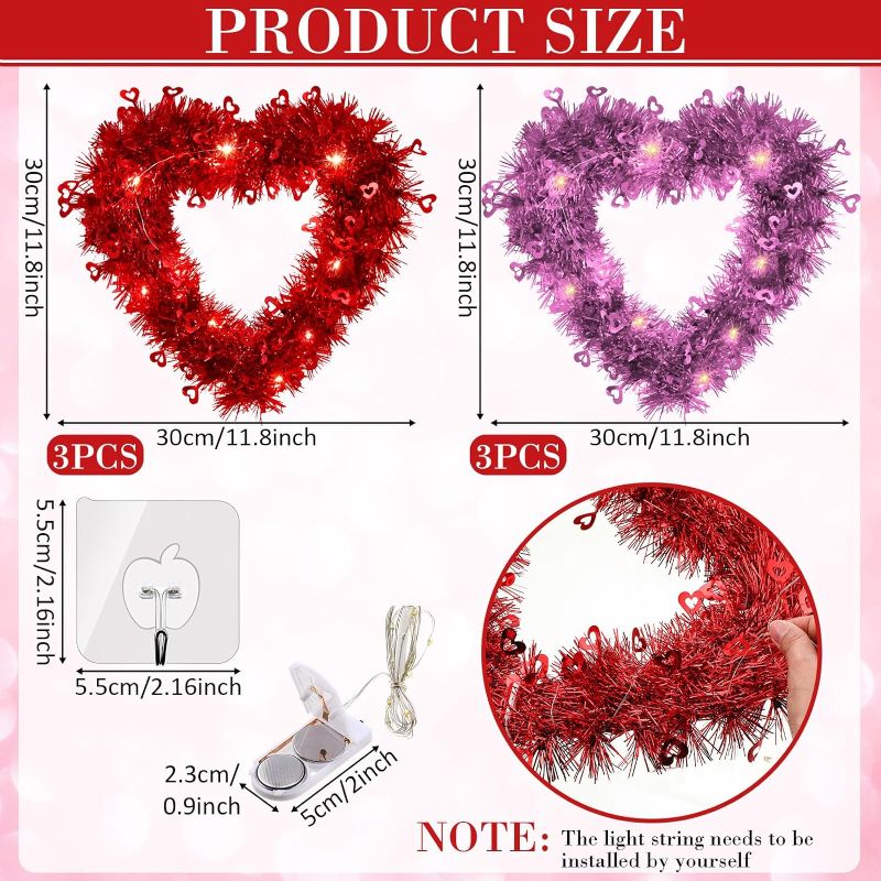 Photo 4 of Zeyune 6 Sets Valentine Lighted Wreaths for Front Door Valentines Decorations 11.81 Inch Heart Shaped Tinsel Wreath with 6 LED Light Strings 6 Hooks for Wedding Birthday Party Proposal Engagement Wall