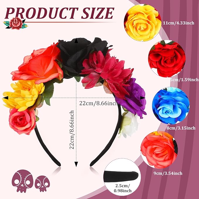 Photo 2 of 12 Pcs Day of the Dead Mexican Flower Crown Rose Flower Crown Headband Boho Floral Rainbow Headpiece Hawaiian Mexican Hair Accessories for Women Party Costume Wedding

