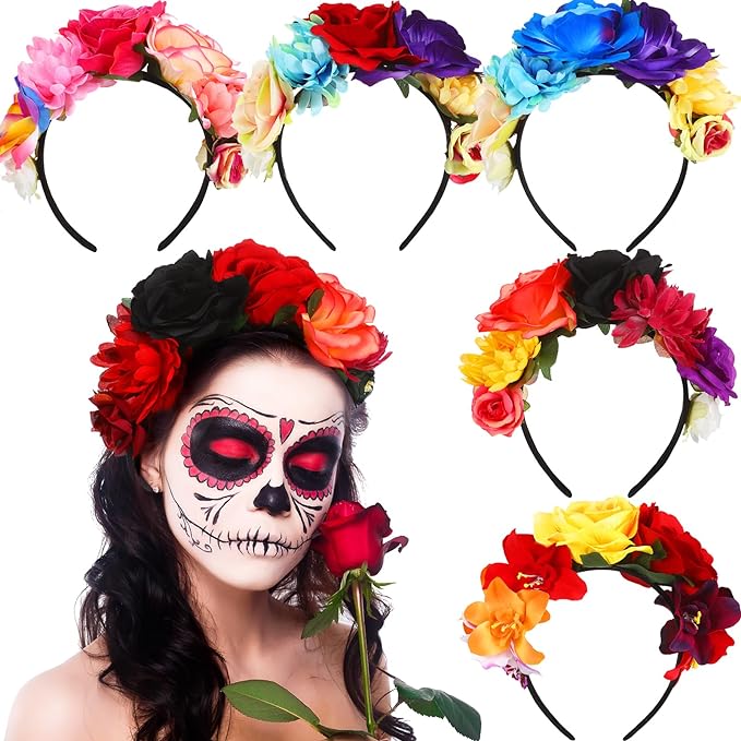 Photo 1 of 12 Pcs Day of the Dead Mexican Flower Crown Rose Flower Crown Headband Boho Floral Rainbow Headpiece Hawaiian Mexican Hair Accessories for Women Party Costume Wedding

