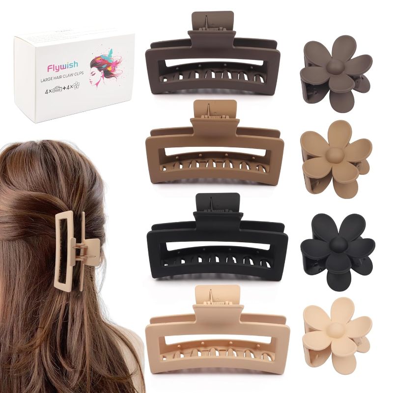 Photo 1 of 5 Inch Hair Clips for Women – 8 Pack Extra Large Hair Claw Clips for Thick Hair, Matte 2 Styles Cute Flower Square Hair Clips, Non-Slip Rectangle Big Strong Hold Jaw Clip, Neutral
