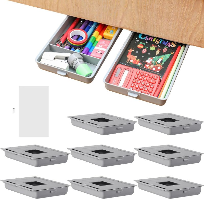 Photo 1 of 8 Pack Under Desk Drawer Hidden Desk Organizer Pen Holder, Self Adhesive Drawer Attachment Bulk Slide out Under Desk with Tape Storage Large Desk Drawer for Office Home Classroom Kitchen, Gray
