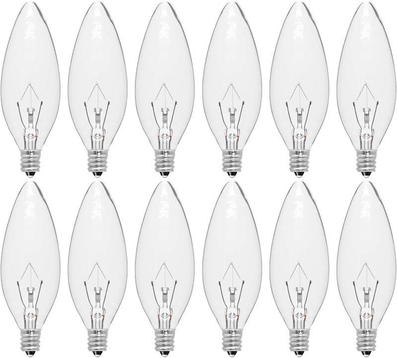 Photo 1 of 12-Pack E12 Incandescent Candle Light Bulbs 60W Warm White 2500K, 650 Lumen Dimmable Chandelier Light Bulbs for Ceiling Fan, Pendants or Outdoor, B10 Clear Candelabra Base Bulbs
