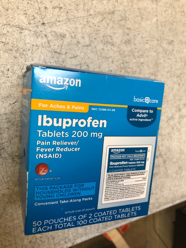 Photo 2 of Amazon Basic Care Ibuprofen Tablets, 200 mg, Pain Reliever and Fever Reducer, For Headache, Muscular Aches, Arthritis, Backache and More, 100 Count (Pack of 1) 100 Count (Pack of 1) Individual Pouches