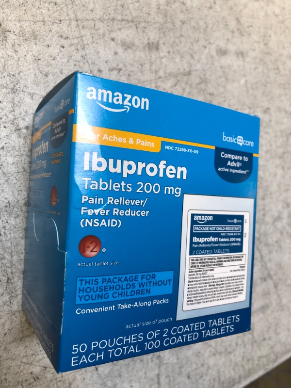 Photo 2 of Amazon Basic Care Ibuprofen Tablets, 200 mg, Pain Reliever and Fever Reducer, For Headache, Muscular Aches, Arthritis, Backache and More, 100 Count (Pack of 1) 100 Count (Pack of 1) Individual Pouches