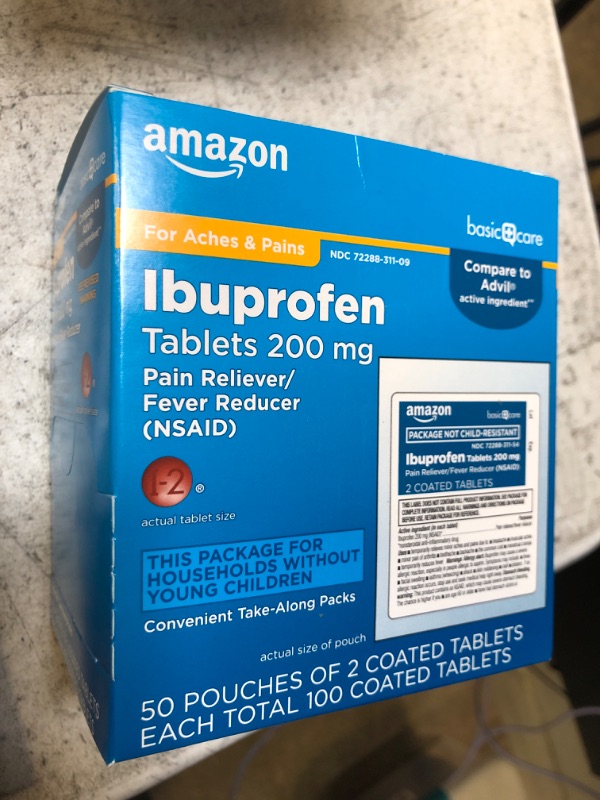 Photo 2 of Amazon Basic Care Ibuprofen Tablets, 200 mg, Pain Reliever and Fever Reducer, For Headache, Muscular Aches, Arthritis, Backache and More, 100 Count (Pack of 1) 100 Count (Pack of 1) Individual Pouches