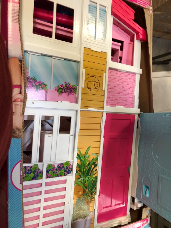 Photo 3 of Barbie 3-Story Townhouse Dollhouse with Elevator, Swing Chair, Furniture and Accessories, Fold for Portability and Travel Townhome