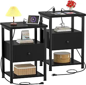 Photo 1 of Ecoprsio Nightstand Set of 2, Nightstands with Charging Station, End Table Bedside Table with USB Port, Modern Nightstands with Drawers Storage Shelf, Wood Night Stand for Bedroom, Living Room, Black
