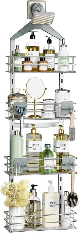 Photo 1 of Orimade 4 Tier Adjustable Anti-slip Shower Caddy over Shower Head,Rustproof Bathroom Hanging shower Organizer with 4 Hooks for Razor,No Drilling Shower shelves Storage Rack,Silver

