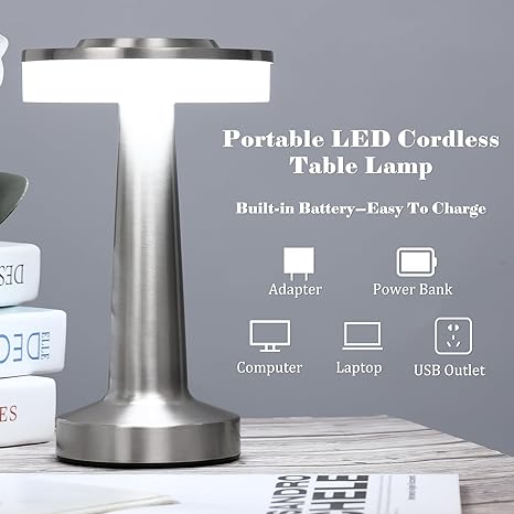 Photo 1 of Riakrum Led Portable Metal Table Lamp with Touch Sensor 3 Color Stepless Dimming Nightstand Desk Lamp Rechargeable Battery up to 15 Hours Cordless Lamp Table Wireless Lamp for Kids (Silver)
