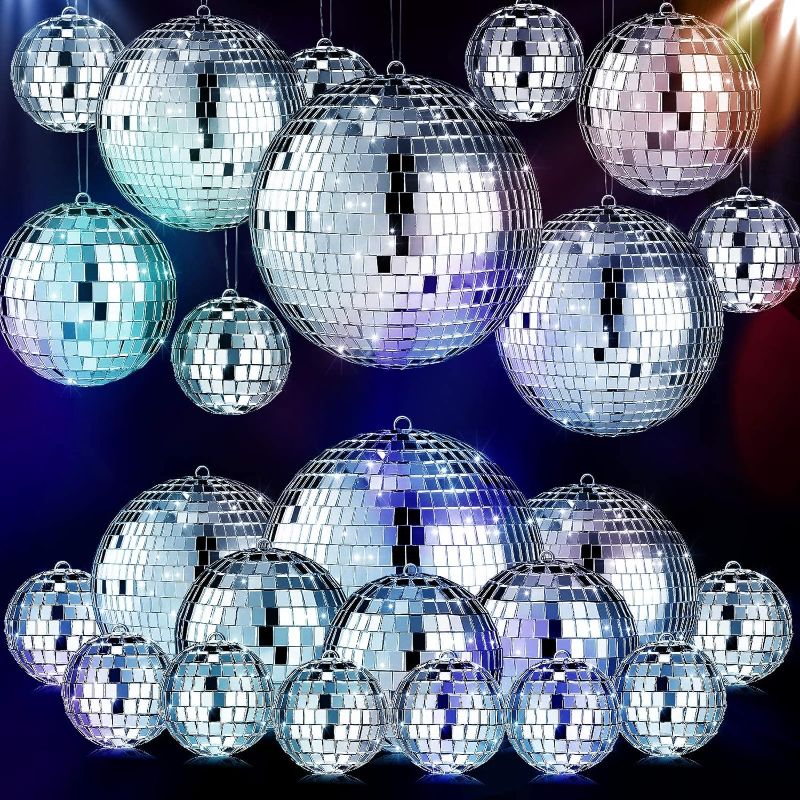 Photo 1 of 20 Pcs Hanging Mirror Disco Ball Ornaments Mardi Gras Assorted Silver Mini Glass Disco Balls Decoration Different Sizes Reflective with Rope(6 Inch, 4 Inch, 3. 2 Inch, 2 Inch)
