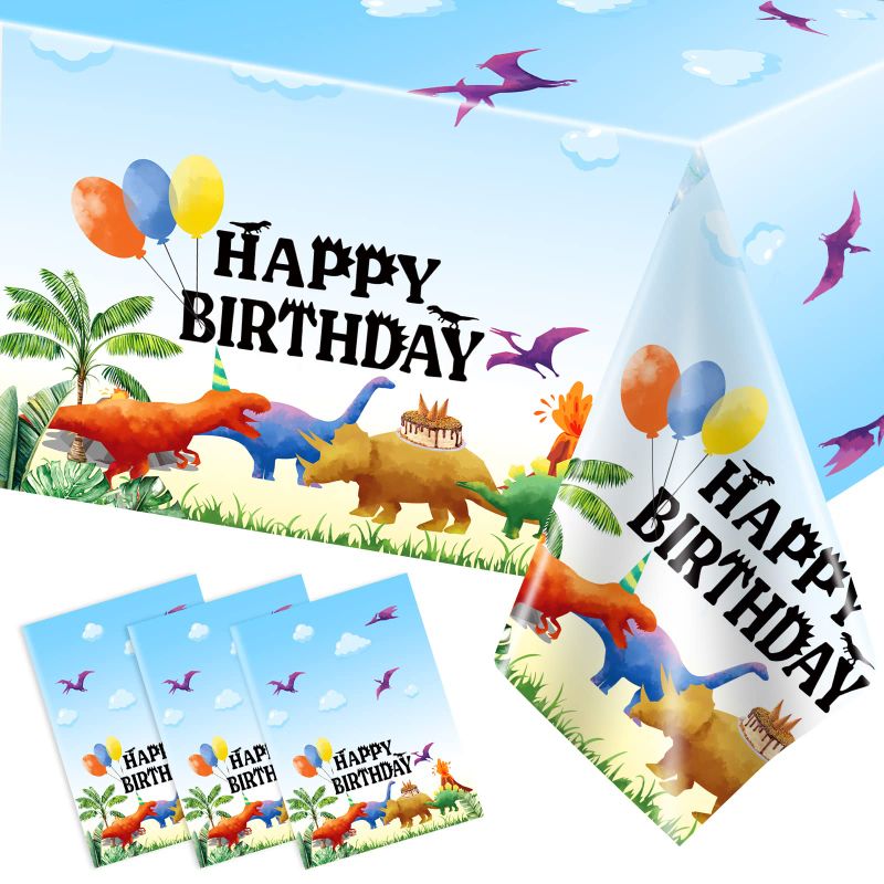 Photo 1 of 3PCS Watercolor Dinosaur Birthday Tablecloths for Birthday Party Decoration, Plastic Disposable Rectangle Table Covers for Kids Boys Party Supplies, 54" x 108" 3 Dinosaur