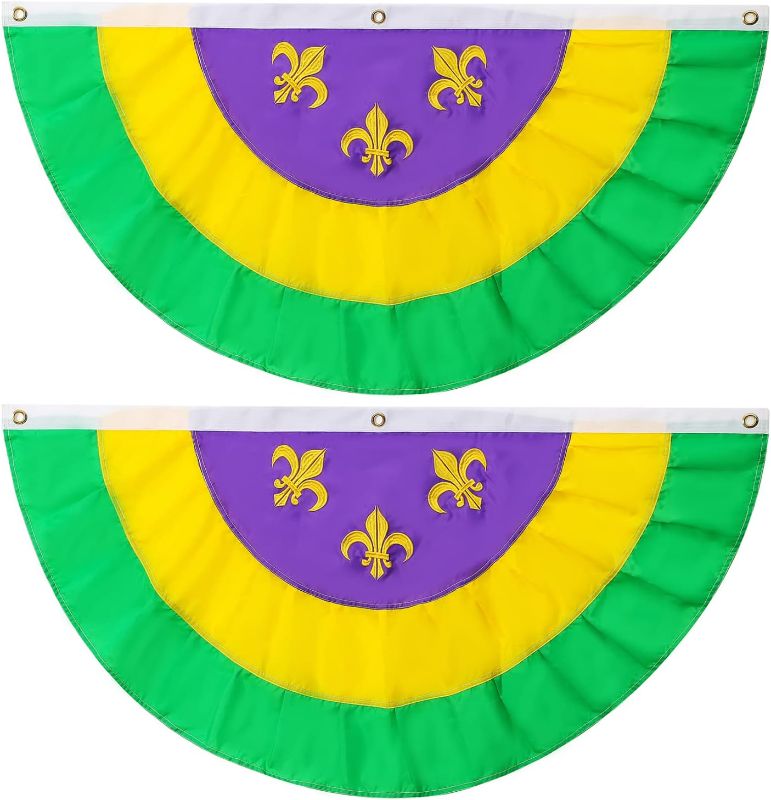 Photo 1 of (2 Pack) Mardi Gras Table Bunting Flag w/Embroidered Fleur de Lis (2’ x 4’) Indoor Outdoor Fat Tuesday Party, Celebration, or Carnival Decoration | Classic, Vibrant New Orleans Colors
