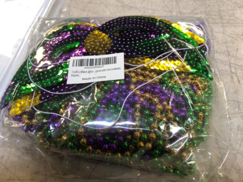 Photo 2 of 202Pcs Mardi Gras decorations Including Mardi Gras Mask Beads Necklaces Coins Temporary Tattoos and Rubber Bracelets Party Favors Mardi Gras Accessories for Mardi Gras Parade Masquerade Decorations