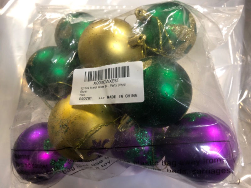 Photo 2 of 12 Pcs Mardi Gras Ball Ornaments 2.3 Inches Mardi Gras Hanging Ornaments Queens of Christmas Set Green Gold Purple Assorted Ball Ornament for Mardi Gras Christmas New Orleans Party (Vivid Style)