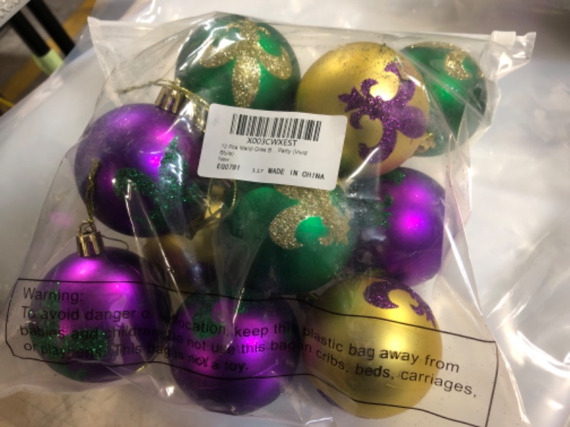 Photo 2 of 12 Pcs Mardi Gras Ball Ornaments 2.3 Inches Mardi Gras Hanging Ornaments Queens of Christmas Set Green Gold Purple Assorted Ball Ornament for Mardi Gras Christmas New Orleans Party (Vivid Style)