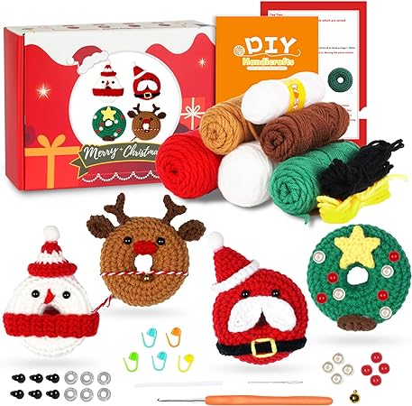 Photo 1 of Crochet Kit for Beginners,4 pcs Christmas Crochet Animal Kit Donut Decoration Set with Step-by-Step Video Tutorial,for Kids and Adult Learn to Crochet,Christmas Decoration Gifts