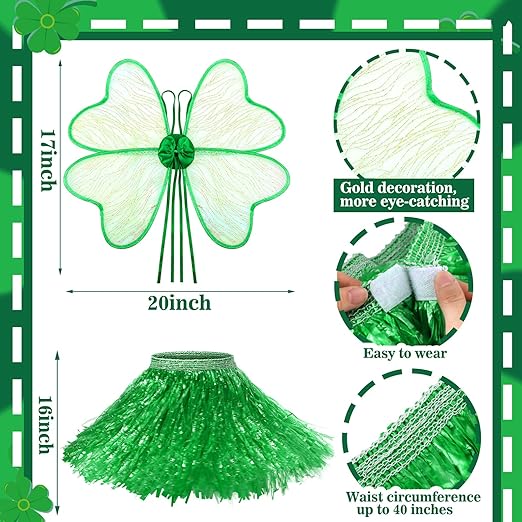 Photo 1 of Bencailor 2 Pcs St. Patrick's Day Costume Accessories Set for Women Girls Include Shamrock Green Hula Skirt and Clover Wing Saint Patricks Day Suit for Women Girl Dress up Outfit
