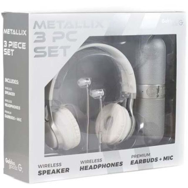 Photo 2 of METALLIX 3 Piece Set 1 Bluetooth Speakers 1 Wireless Headphones & 1 Ear Bud Set With Microphone