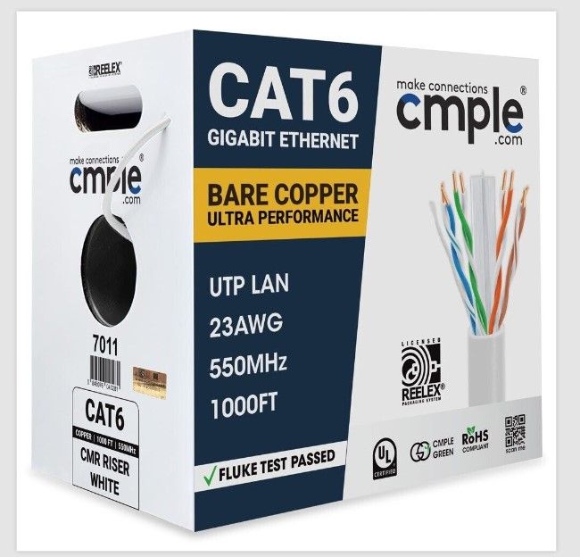 Photo 1 of Cat 6 Riser Gigabit Ethernet Cable White | UL, CMR, 23AWG | Bare Copper 1000ft 550 MHz