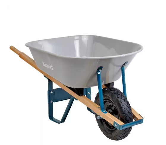 Photo 1 of 6 cu. ft. Steel Tub Wheelbarrow with Wooden Handles and Pneumatic Tire
