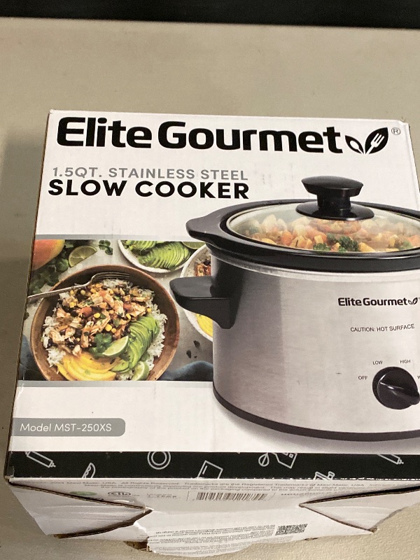 Photo 1 of Elite Gourmet MST-250XS Electric Slow Cooker Ceramic Pot, Adjustable Temp, Entrees, Sauces, Stews & Dips, Dishwasher Safe Glass Lid & Crock, 1.5 Quart, Stainless Steel