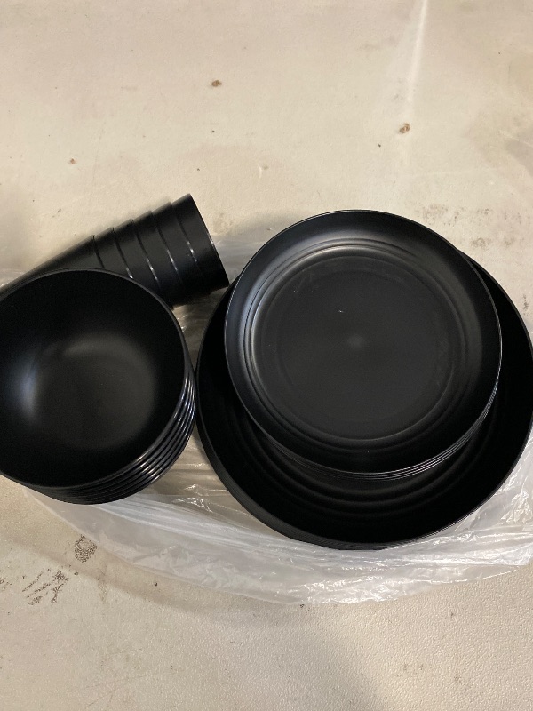 Photo 1 of LIYH 24Pcs Wheat Straw Dinnerware Sets Unbreakable Dinner Plates and Bowls Set Black Plastic Dinnerware Set Include 12Pcs Wheat Straw Plates 6Pcs Bowls 6Pcs Cups Dish Set for Kitchen&Camping