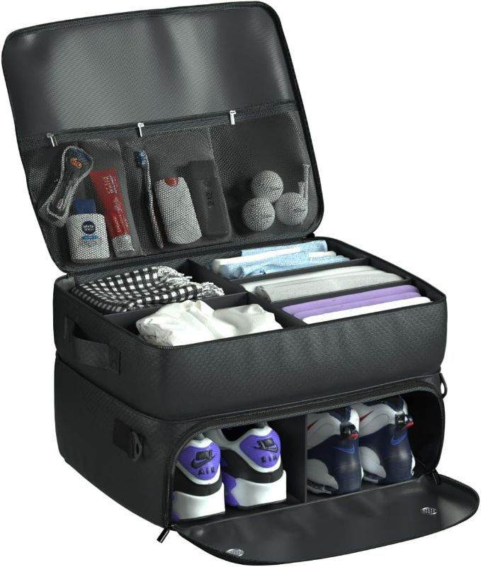 Photo 1 of 2 Layer Golf Trunk Organizer, Waterproof Car-Golf Locker with Separate Ventilated Compartment for 2 Pair Shoes, Golf-Trunk Storage for Balls, Tees, Clothes, Gloves, Accessories

