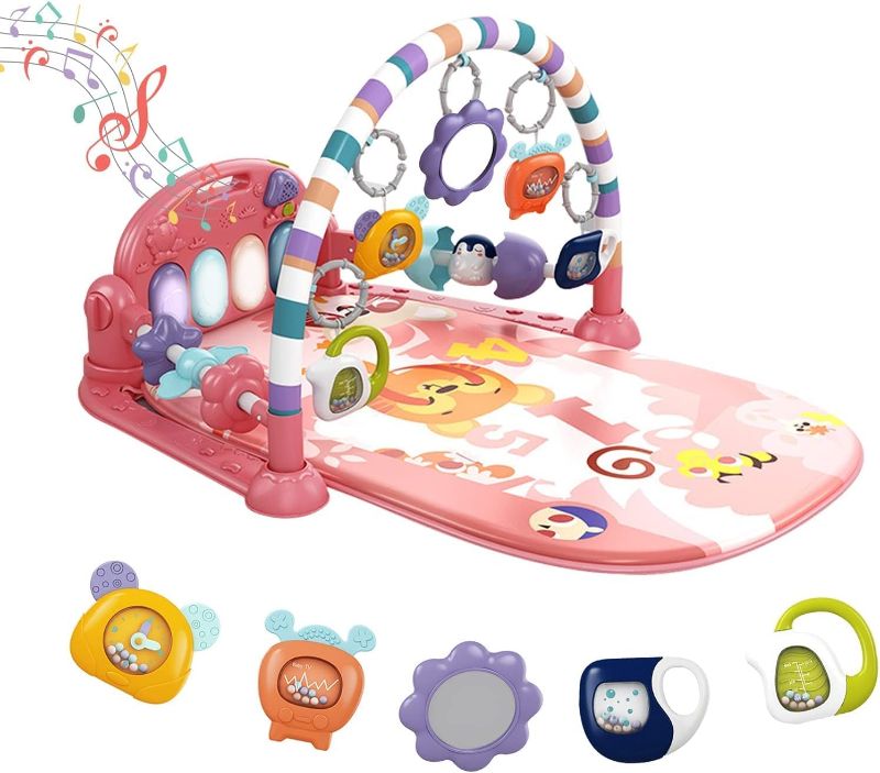 Photo 1 of dearlomum Baby Play Mat Baby Gym,Funny Play Piano Tummy Time Baby Activity Mat with 5 Infant Sensory Baby Toys, Music and Lights Boy & Girl Gifts for Newborn Baby 0 to 3 6 9 12 Months (Tiger Pink)