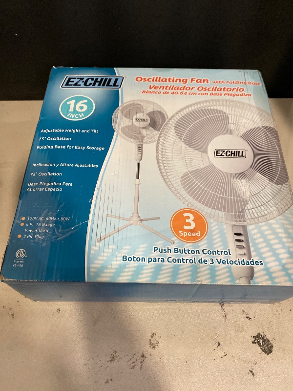 Photo 1 of EZ-CHILL 16” Oscillating Pedestal Fan, 3-speed Options, 90-Degree Oscillating Head, Adjustable Height and Tilt, Powerful Air Flow, White, MTSP15-16AZ