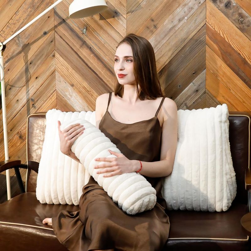 Photo 1 of Faux Fur Headboard Pillow with 2 Roll Pillow, Large Triangular Headboard Bolster Rest Reading Pillow with Removable Cover