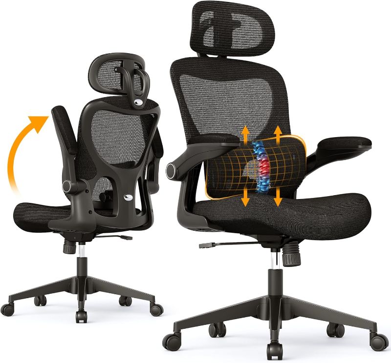 Photo 1 of SUNNOW Ergonomic Office Chair, Comfy Mesh Desk Chair, High Back Computer Gaming Chairs with Adjustable Lumbar Support, Flip-Up Arms, Headrest, Tilt Function, Wide Cushion, Swivel Wheel, BIFMA Quality