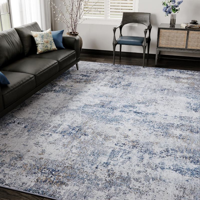 Photo 1 of 8x10 Washable Rugs Grey Blue Hallway Large Area Rug Indoor Accent Rug Abstract Non Slip Low Pile Carpet Distressed Throw Rug for Bedroom Living Room Office Dining Room Kitchen Laundry Room