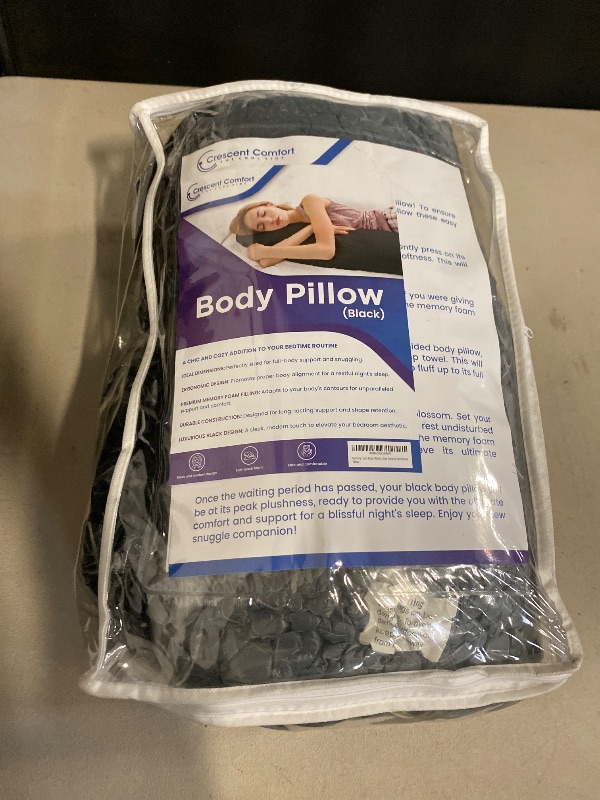 Photo 1 of Crescent Comfort Full Body Pillow for Adults (Black, 20 x 54 Inch) - Large Body Pillow Insert with Pillowcase for Back & Side Sleepers, Black Silk Body Pillow Cover & Silk Bonnet