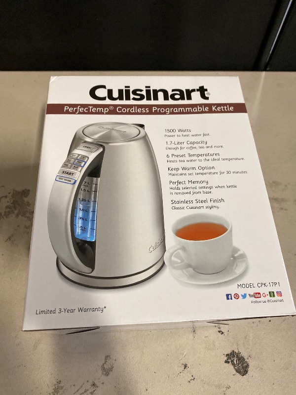 Photo 1 of Cuisinart PerfecTemp 1.7-Liter Electric Kettle, Cordless Electric Tea Kettle, 1500W for Fast Heat-Up, 6 Preset Temperatures, 30-Minute Keep Warm, Stay Cool Nonslip Handle, CPK-17P1V29222