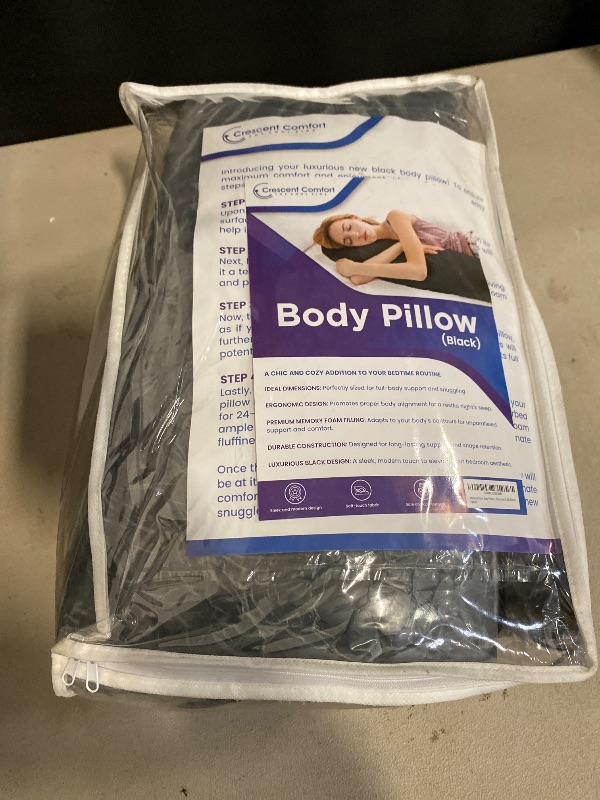 Photo 1 of Crescent Comfort Full Body Pillow for Adults (Black, 20 x 54 Inch) - Large Body Pillow Insert with Pillowcase for Back & Side Sleepers, Black Silk Body Pillow Cover & Silk Bonnet