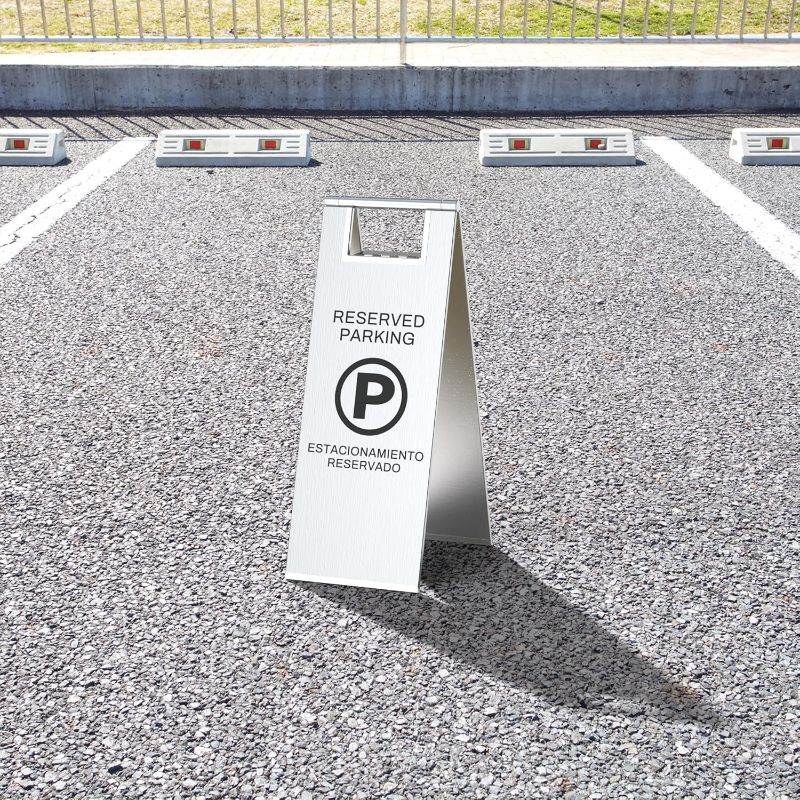 Photo 1 of Reserved Parking Sign – Foldable Heavy Duty Plastic A-Frame with Bold “P” Symbol, Bilingual English & Spanish – 24" Tall Reserved Spot Marker for Storefront, Driveway, Garage – Silver