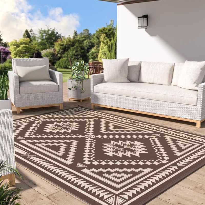 Photo 1 of GENIMO Outdoor Rug for Patio Clearance - 6x9 ft Waterproof Plastic Camping Rugs, Reversible Outside Rv Mat Carpet for Porch, Deck, Picnic, Balcony, Beach, Backyard, Coffee Beige