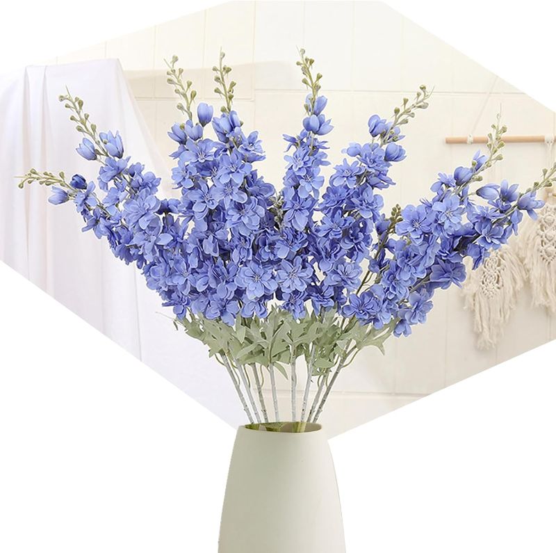 Photo 1 of Delphinium Artificial Flowers for Tall Vase, Faux Silk Flowers, Home Wedding Flower Decoration Centerpieces Table Decorations Indoor and Outdoor Office Vase Decorations 8Pcs(New Blue)