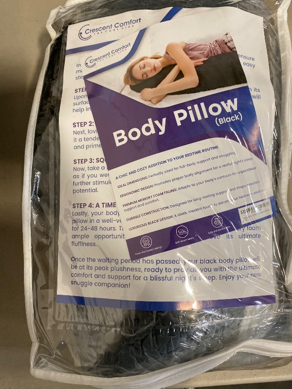 Photo 1 of Crescent Comfort Full Body Pillow for Adults (Black, 20 x 54 Inch) - Large Body Pillow Insert with Pillowcase for Back & Side Sleepers, Black Silk Body Pillow Cover & Silk Bonnet