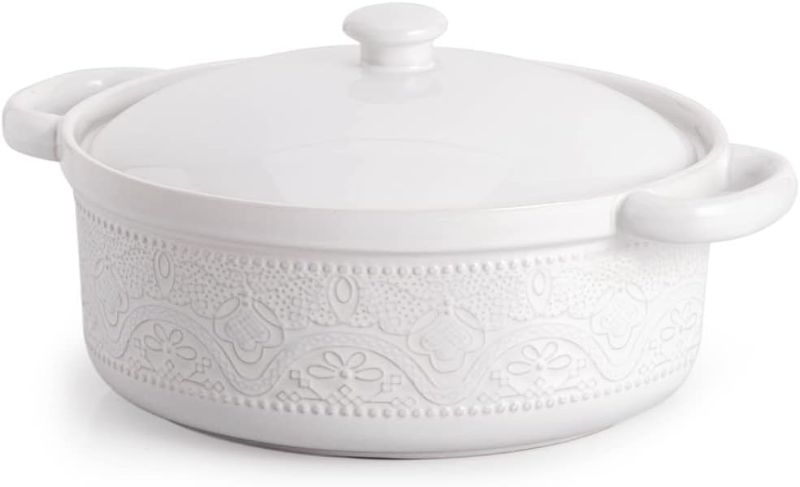 Photo 1 of FUN ELEMENTS Casserole Dish, 2 Quart Lace Emboss Dish with Lid, Oven to Table Ceramic Round Serving Handles for Dinner and Party, Thanksgiving Christmas Gifts(Bright White)