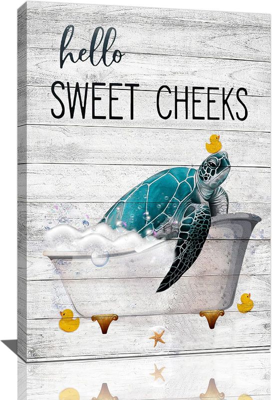 Photo 1 of citari Sea Turtle Bathroom Wall Art Teal Pictures Decor Funny in Bathtub Canvas Painting Print Artworks Coastal Beach Themed Ocean Animal Nautical Framed16''x24'', Turtles, 16''x24''