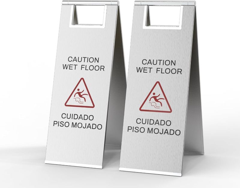 Photo 1 of Stainless Steel Wet Floor Sign 2 Pack, 24 Inch Double-Sided Foldable Caution Sign with Handle, 8.8 lb Bilingual Warning for Restaurant, Office, Commercial Cleaning Use, Silver