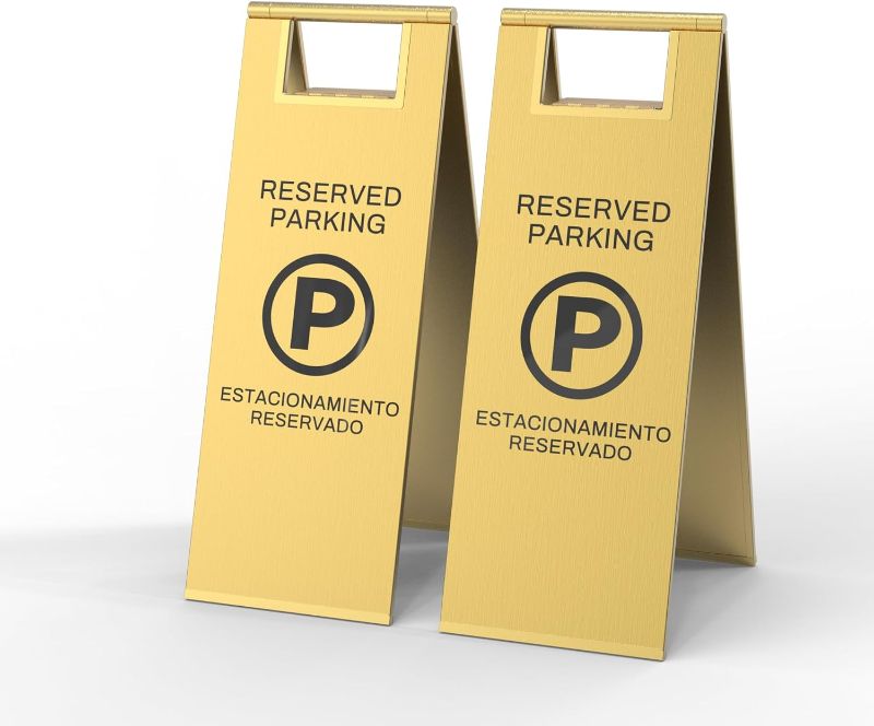 Photo 1 of Reserved Parking Sign – Foldable Heavy Duty Plastic A-Frame with Bold “P” Symbol, Bilingual English & Spanish – 24" Tall Reserved Spot Marker for Storefront, Driveway, Garage – Gold