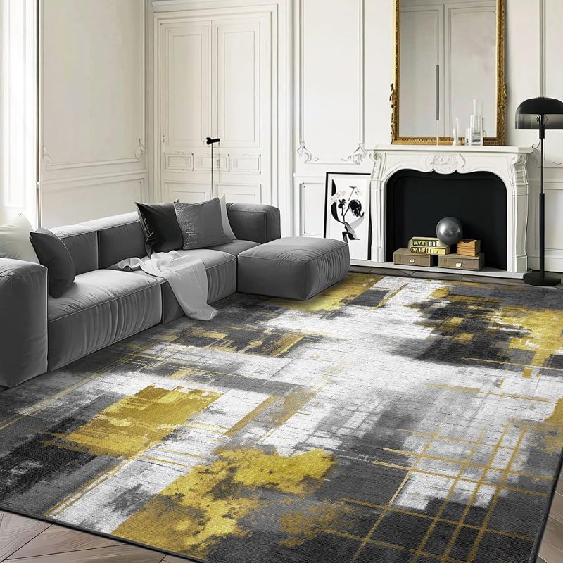Photo 1 of Washable Rug 5'x7' Area Rugs 5'x7' Machine Washable Area Rugs for Living Room Modern Abstract Area Rugs for Bedroom Woven Rug Carpet Kitchen Dining Rugs Non Slip Office Rug Black, (Black)
