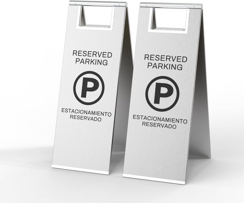Photo 1 of Reserved Parking Sign – Foldable Heavy Duty Plastic A-Frame with Bold “P” Symbol, Bilingual English & Spanish – 24" Tall Reserved Spot Marker for Storefront, Driveway, Garage – Silver